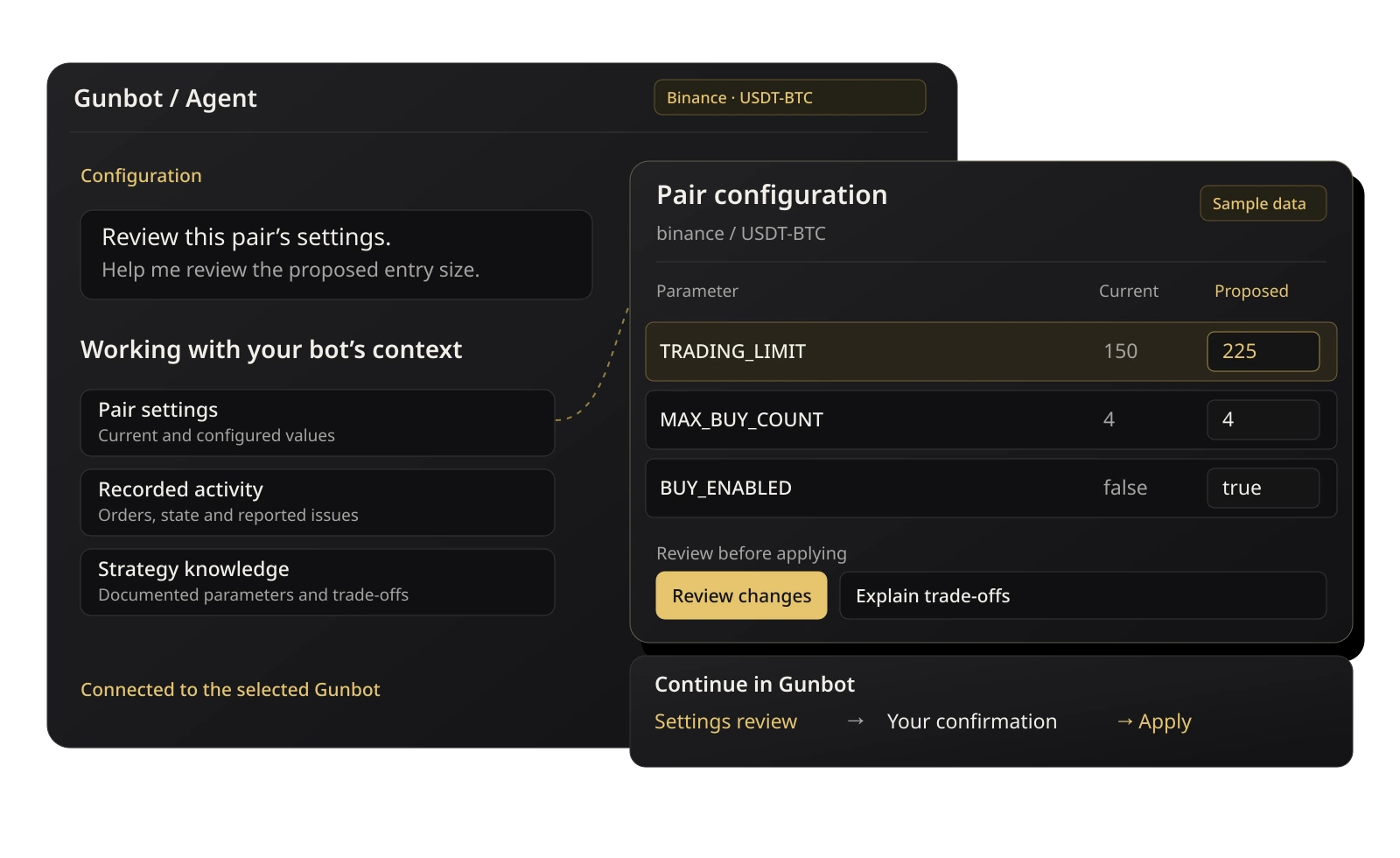 Gunbot Agents conversation beside a proposed pair-settings review, using sample data
