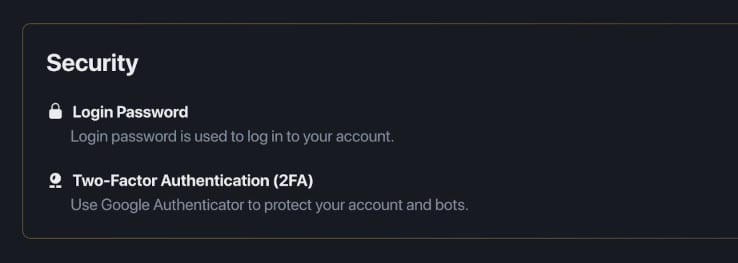 Gunbot Monitor security settings for login password and two-factor authentication