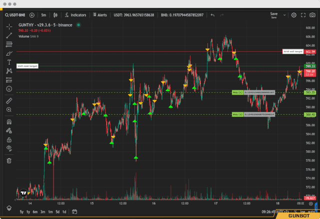 A detailed trading chart with Gunbot strategy visualization.